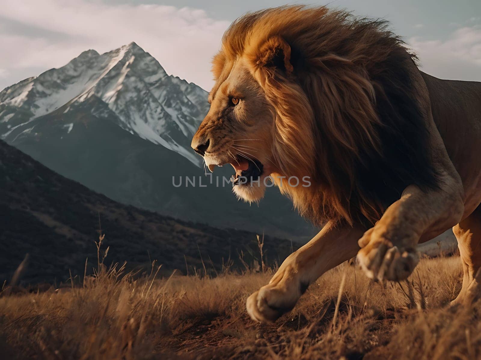 A lion standing on grass hill next to majestic mountains and forest with the view of sky and clouds. Generative AI.