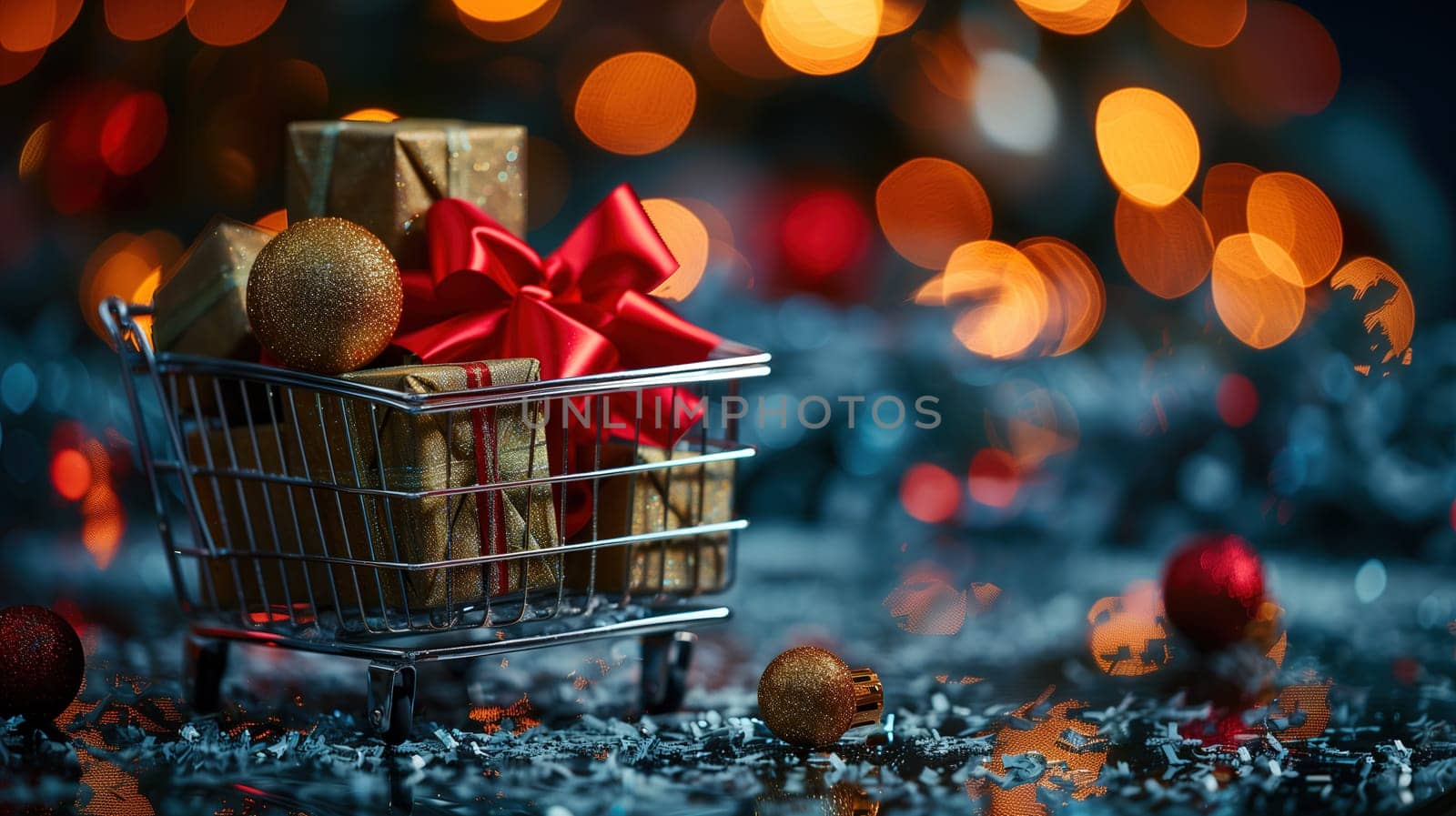 A shopping cart filled with presents sits on top of a table, showcasing a sale concept perfect for Black Friday shopping. The presents are neatly packed and ready for purchase.