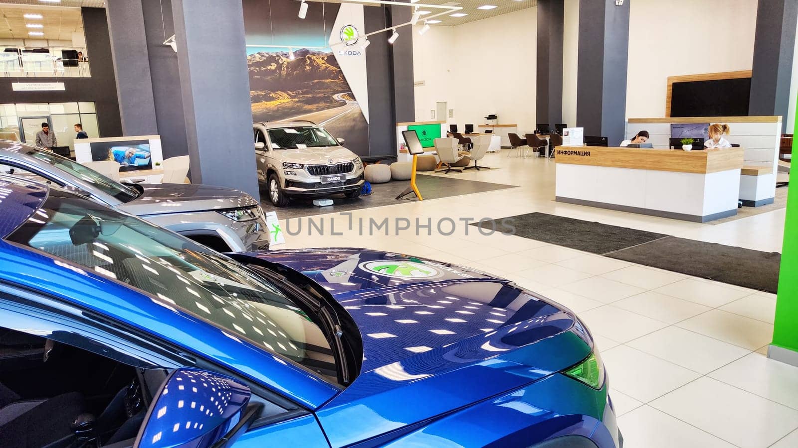 Kazan, Russia - April 04, 2023: Cars in showroom of dealership Skoda. Re-export to Russia