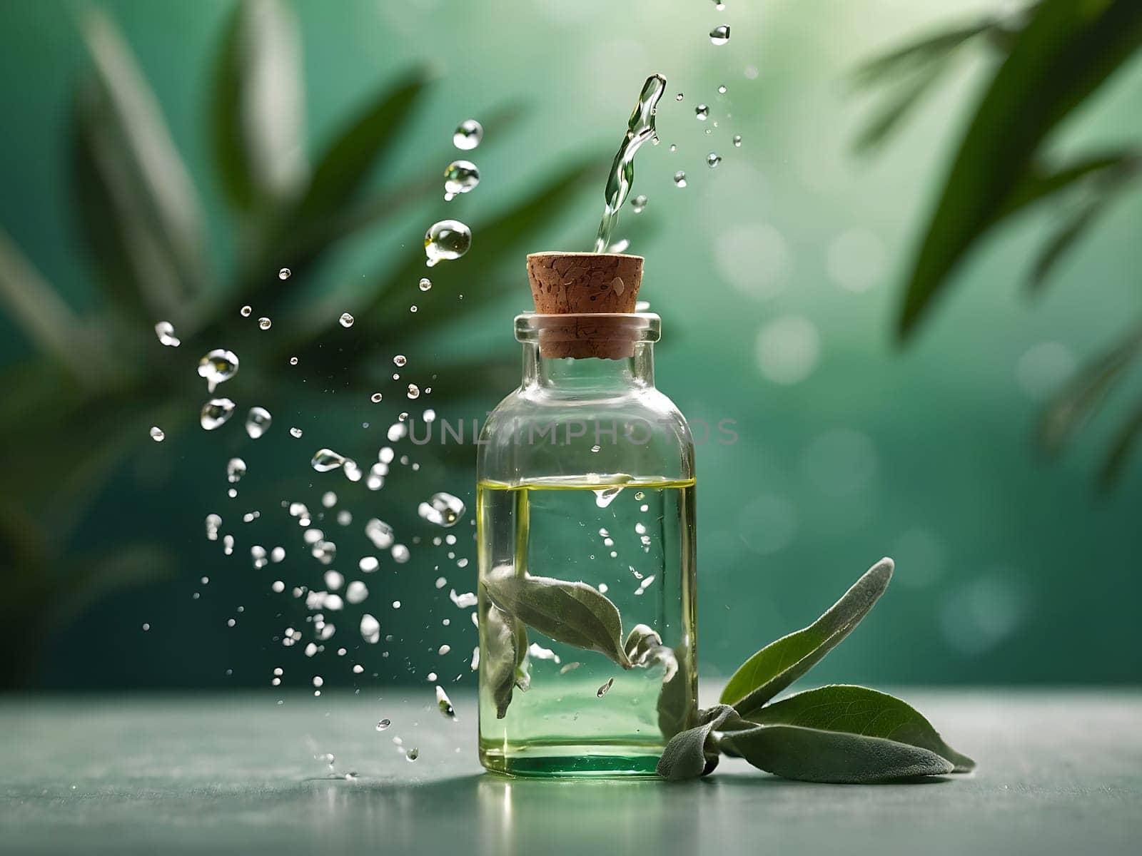 Cosmetic bottle made from transparent glass, splashes with water and leaves on mid air. Beauty product advertisement concept. Generative AI.