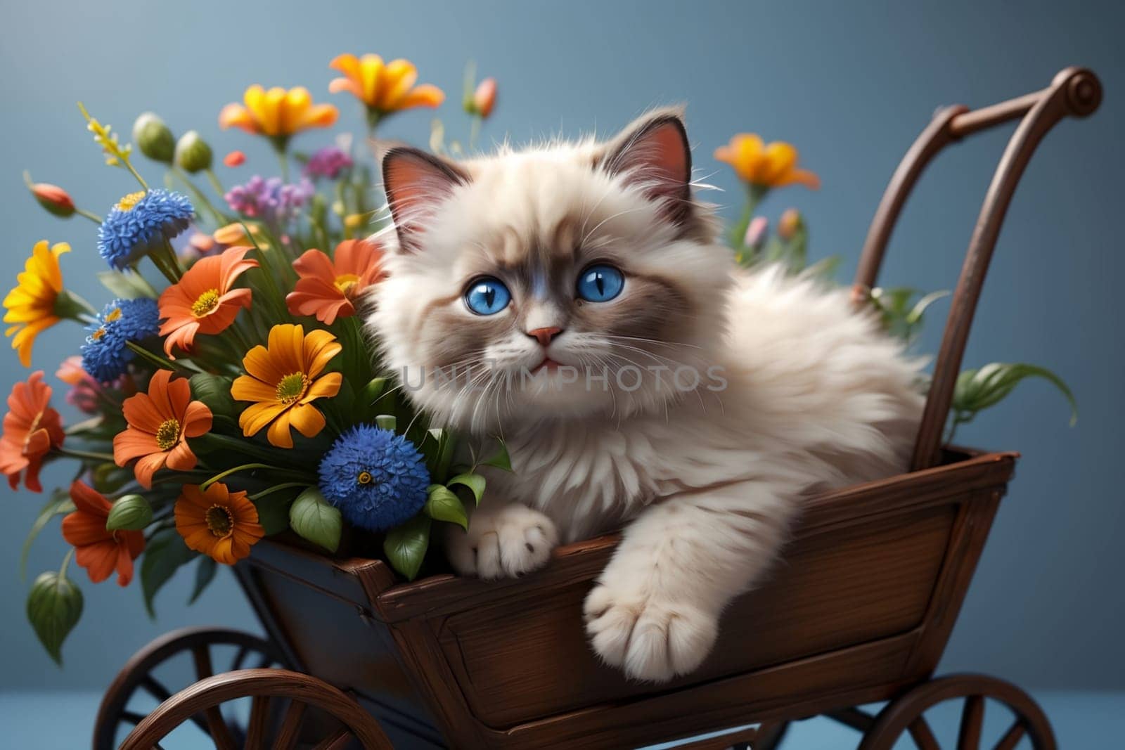 Cute kitten with a large bouquet of flowers in a cart .