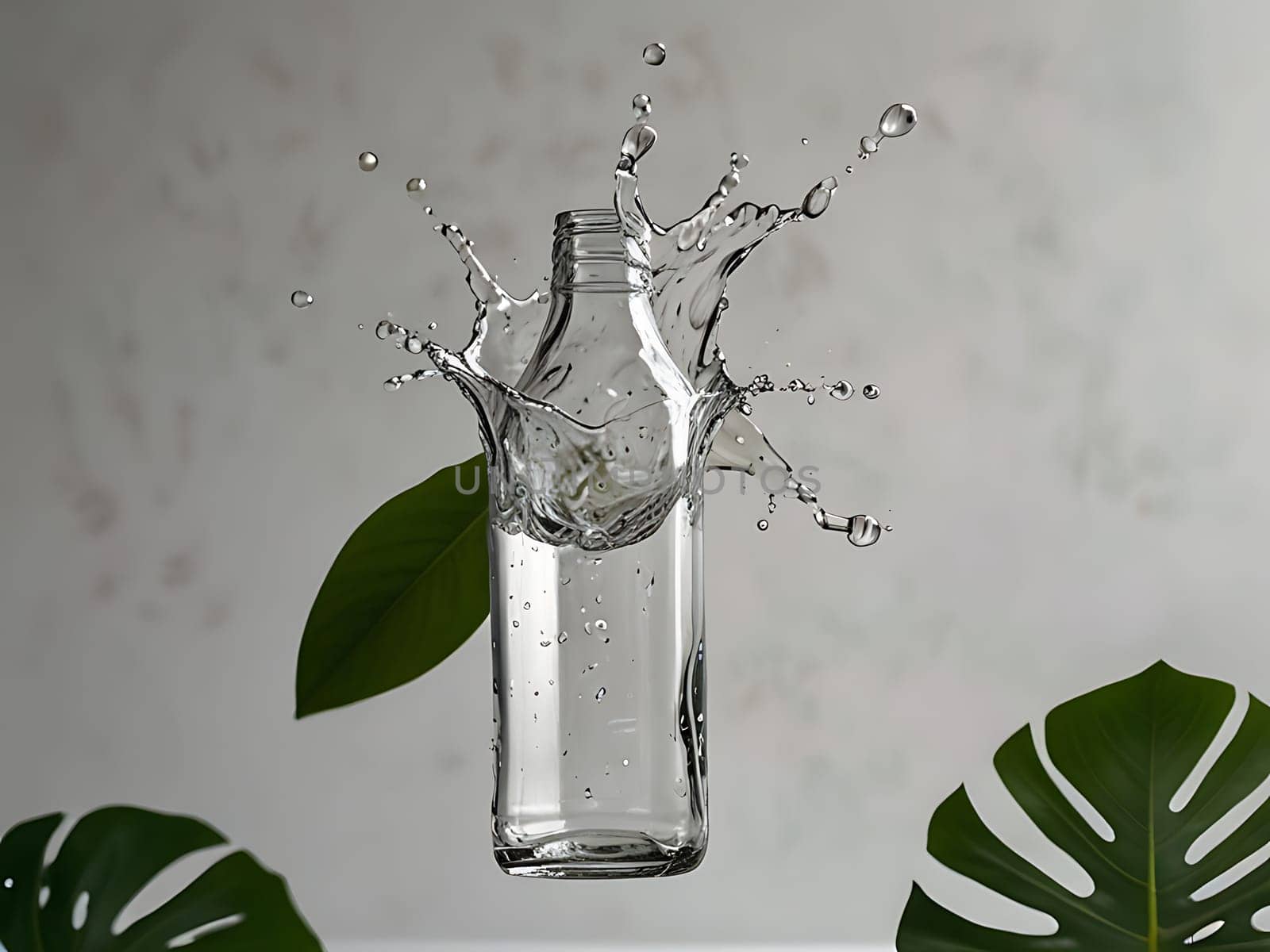 Cosmetic bottle made from transparent glass, splashes with water and leaves on mid air. Beauty product advertisement concept. Generative AI.