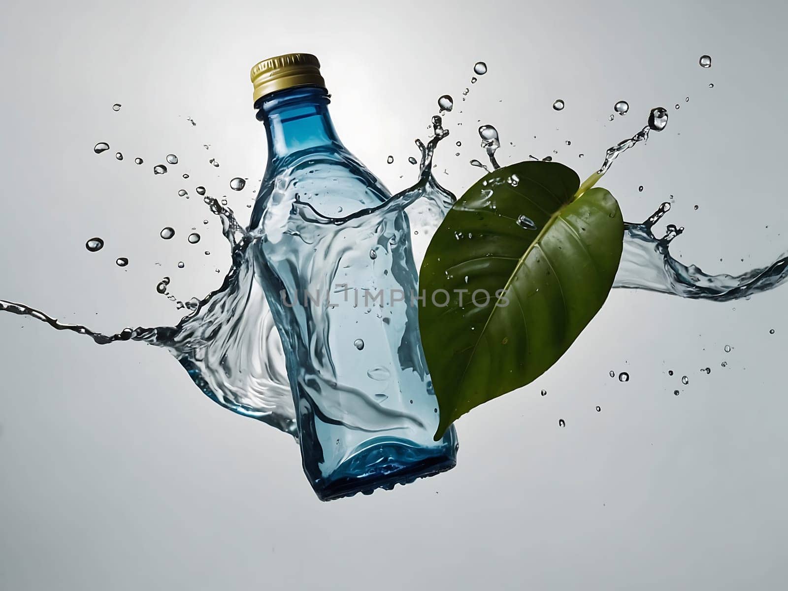 Cosmetic bottle made from transparent glass, splashes with water and leaves on mid air. Beauty product advertisement concept. Generative AI.