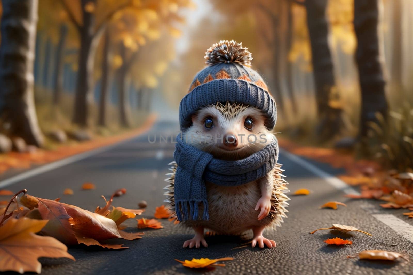 cute hedgehog stands on the road in the forest in autumn .