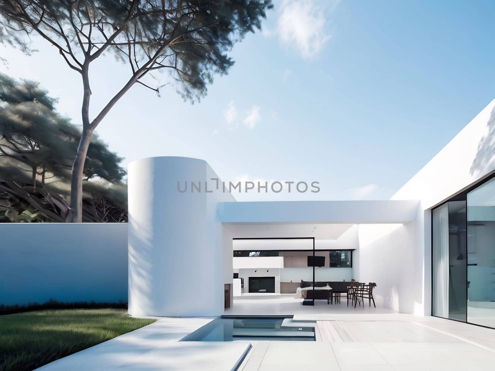 Minimalist modern house with outdoor living space and swimming pool. Contemporary urban living concept. Generative AI.