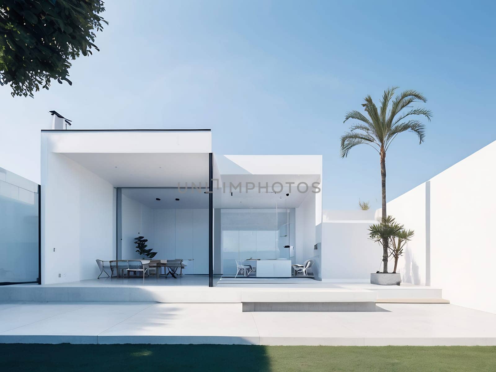 Minimalist modern house with outdoor living space and swimming pool. Contemporary urban living concept. Generative AI.