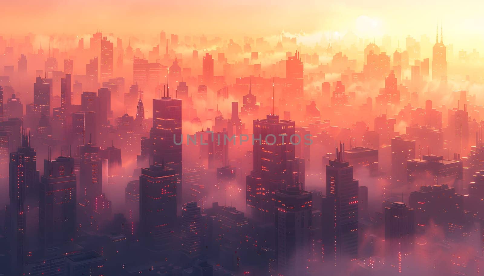 An atmospheric painting of a cityscape covered in fog during sunset, with skyscrapers emerging from the clouds against a backdrop of pink and red sky at dusk