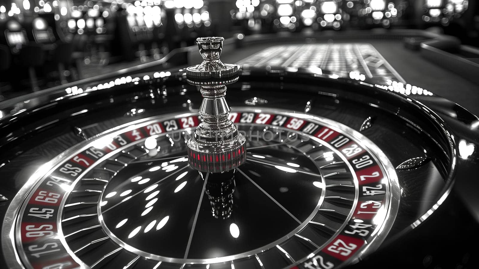 A black and white photo capturing a casino roulette wheel spinning, with the ball about to land on a number. The table is surrounded by players placing bets, adding to the tense atmosphere.