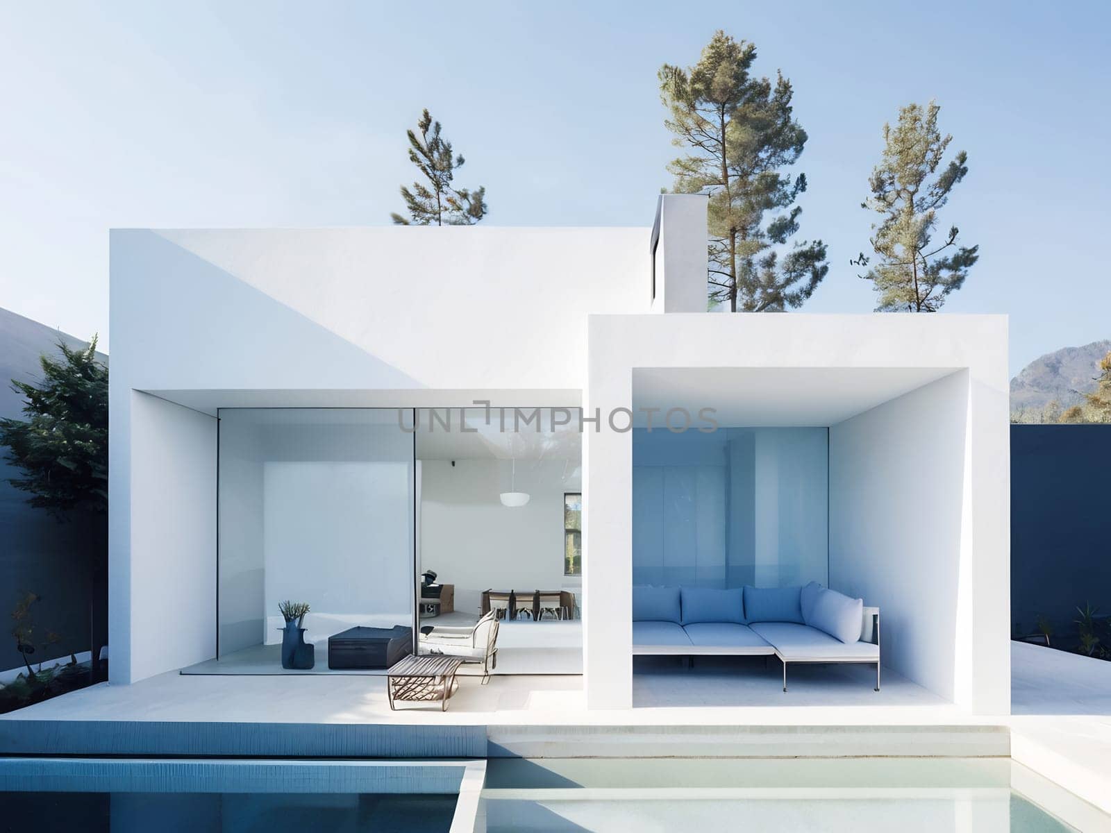 Minimalist modern house with outdoor living space and swimming pool. Contemporary urban living concept. Generative AI.