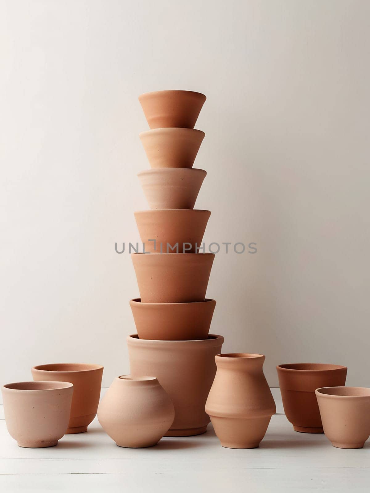 Piles of empty clay pot standing on floor isolated on bright white background. Generative AI.