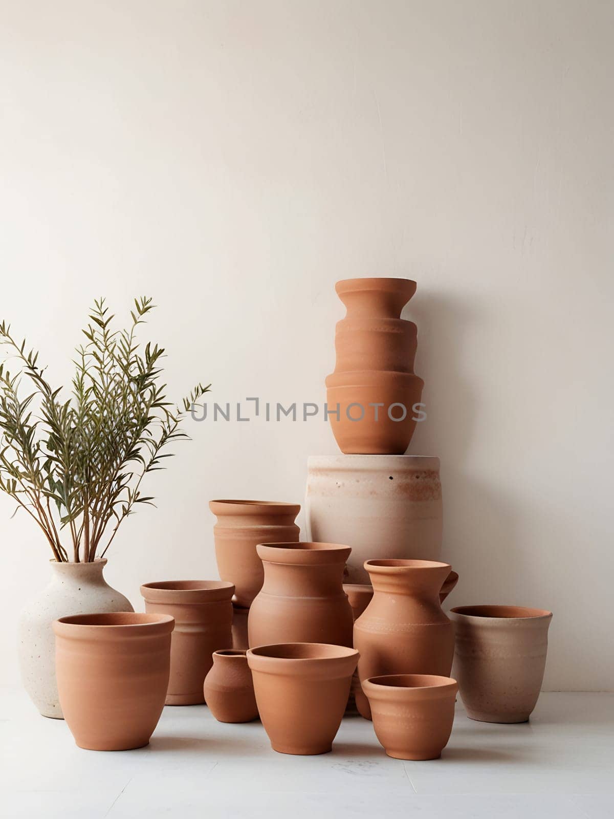 Piles of empty clay pot standing on floor isolated on bright white background. Generative AI.