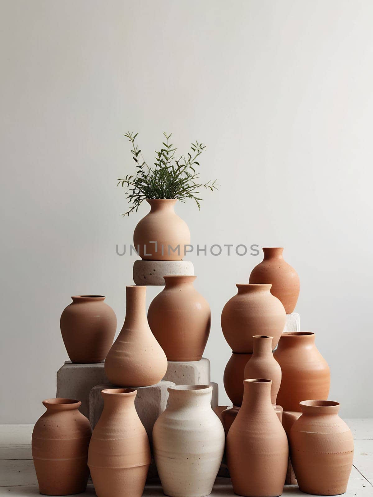 Piles of empty clay pot standing on floor isolated on bright white background. Generative AI.