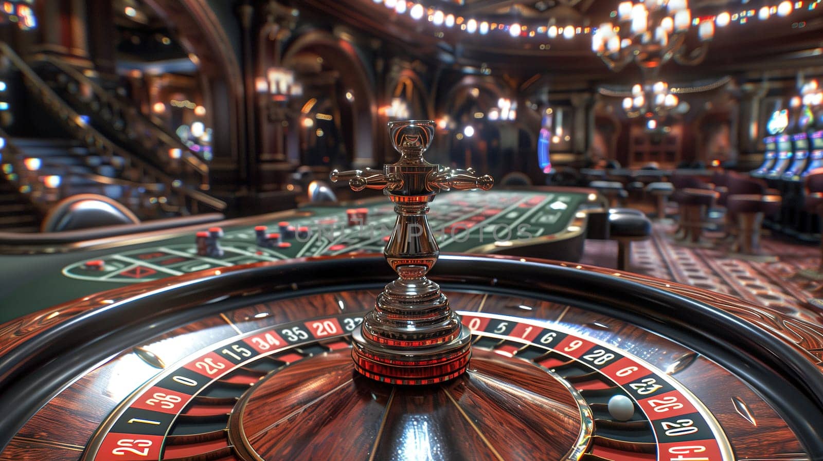 In the center of a bustling casino, a roulette wheel is surrounded by eager players. Perched atop the wheel is a regal statue of a person, adding an air of grandeur to the scene.