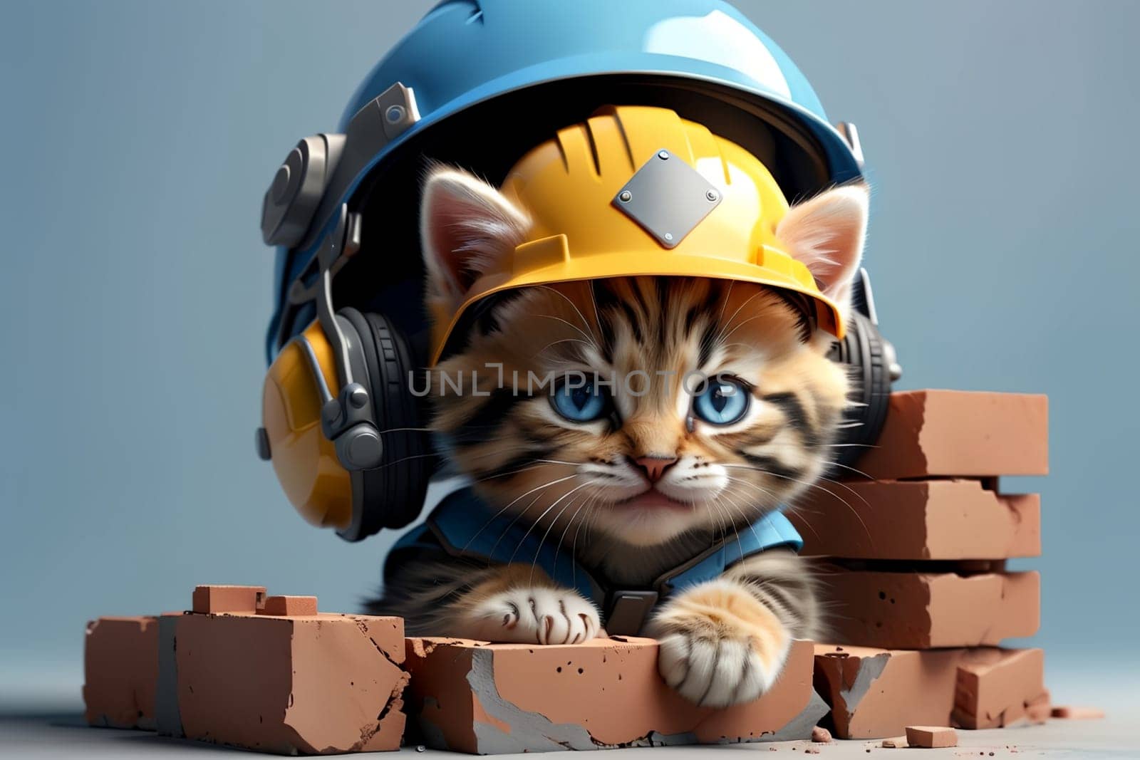 Cute cat in a construction helmet, builder .