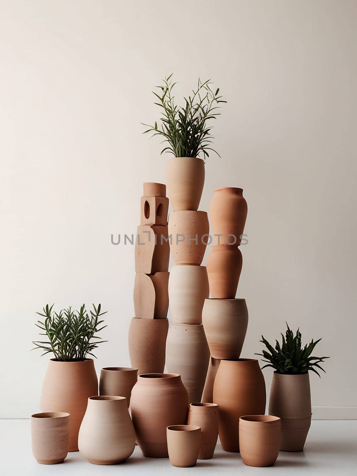 Piles of empty clay pot standing on floor isolated on bright white background. Generative AI.