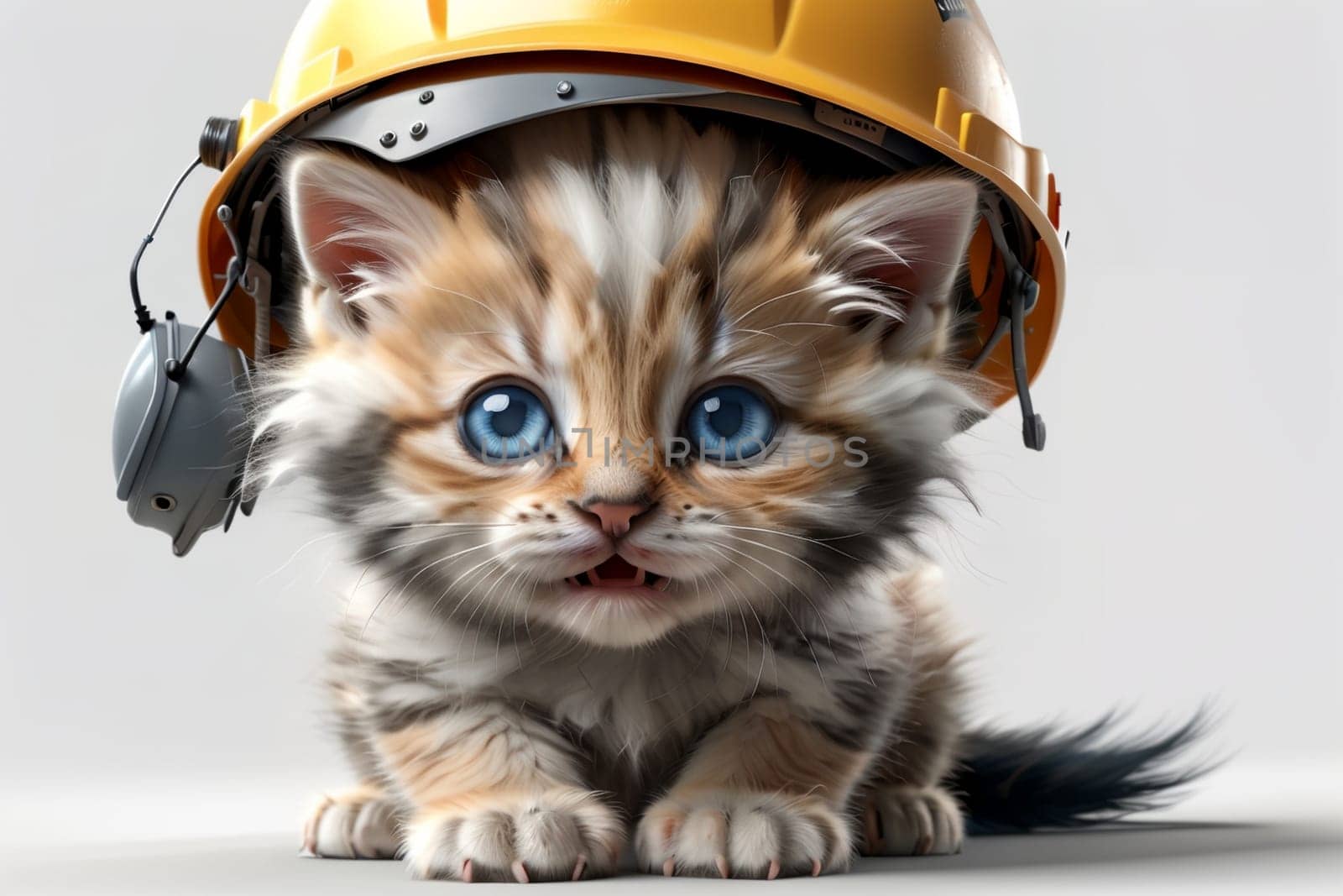 Cute cat in a construction helmet, builder .