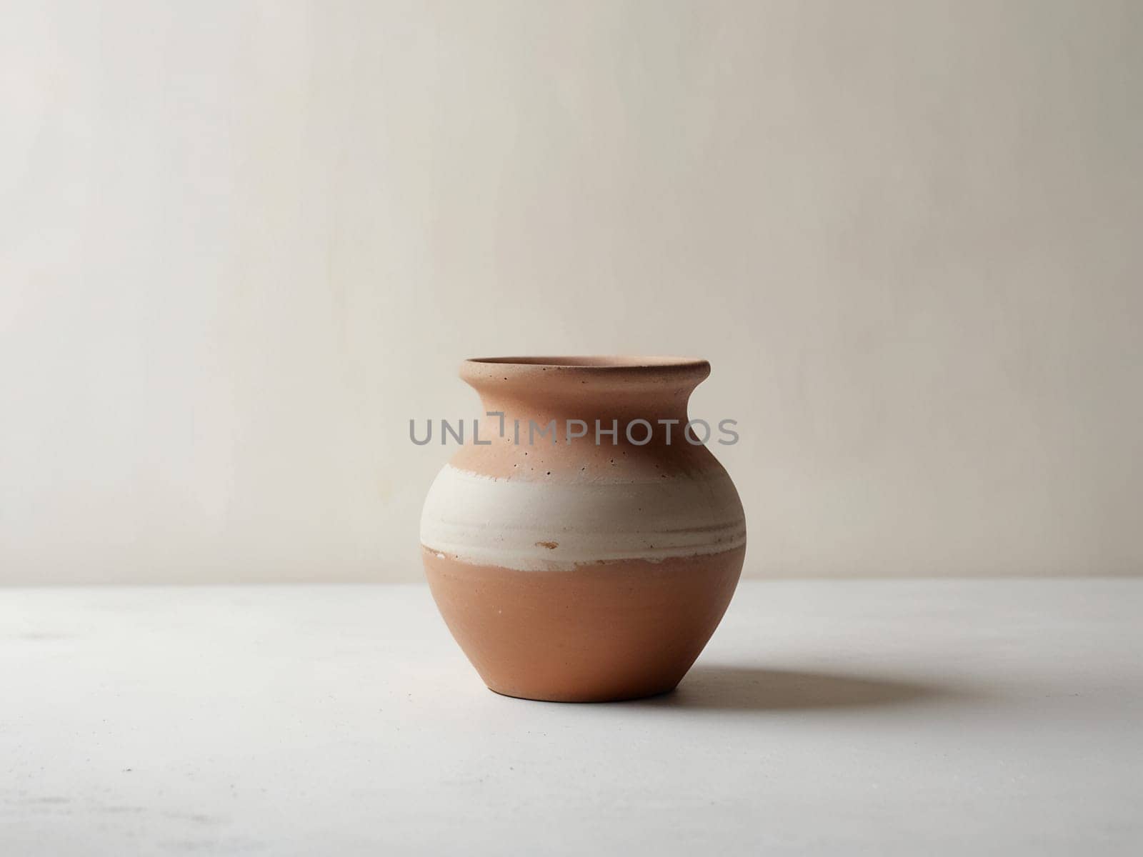 An empty clay pot standing on bright white studio background. Generative AI.