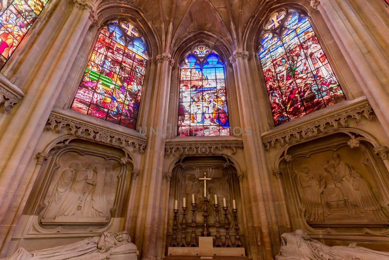 DREUX, FRANCE, MAY 15, 2024 : The Royal Chapel of Dreux, built in 19th century,  is the traditional gothic burial place of members of the House of Orleans. 