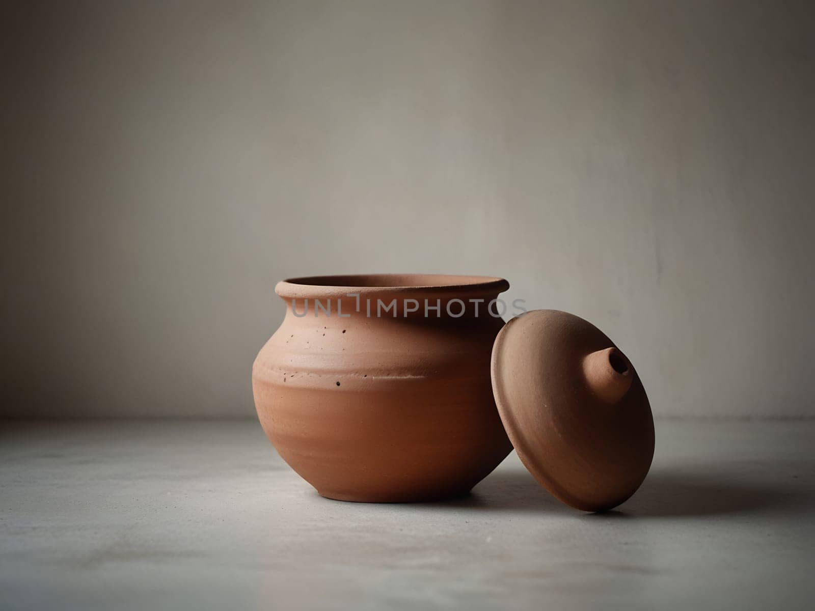 An empty clay pot standing on bright white studio background. Generative AI.