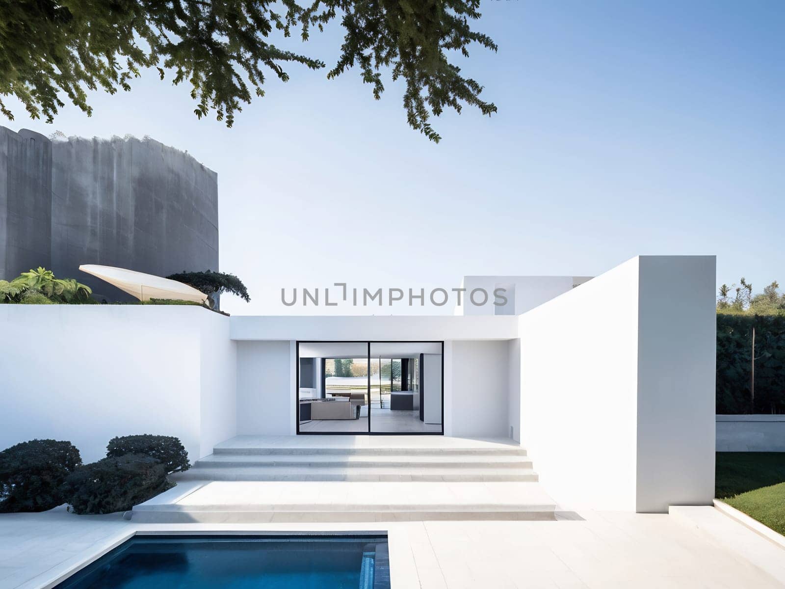 Minimalist modern house with outdoor living space and swimming pool. Contemporary urban living concept. Generative AI.