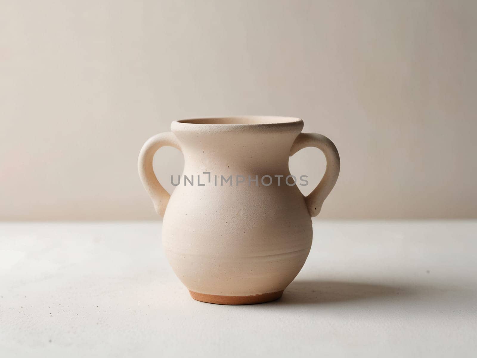 An empty clay pot standing on bright white studio background. Generative AI.