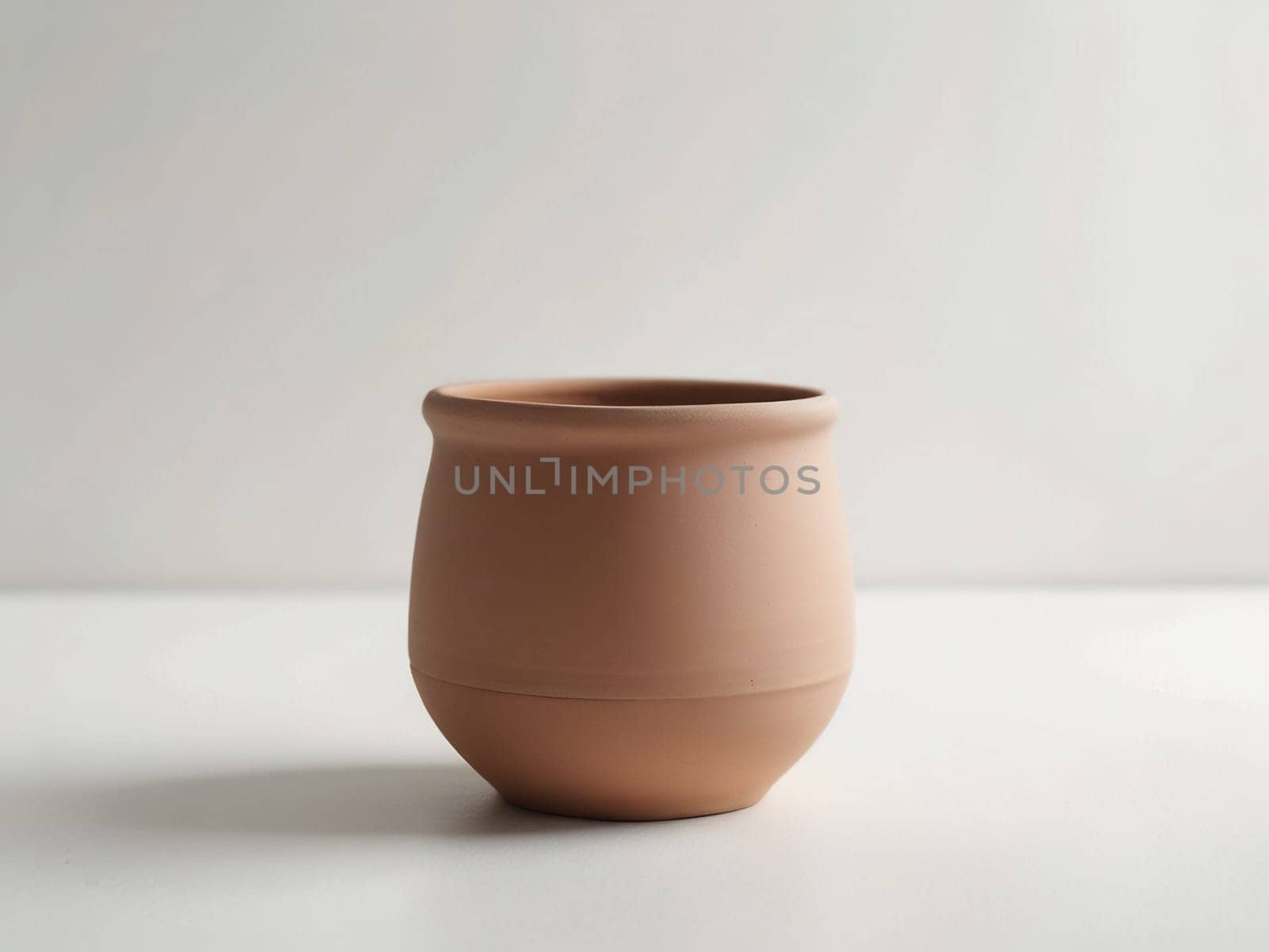 An empty clay pot standing on bright white studio background. Generative AI.