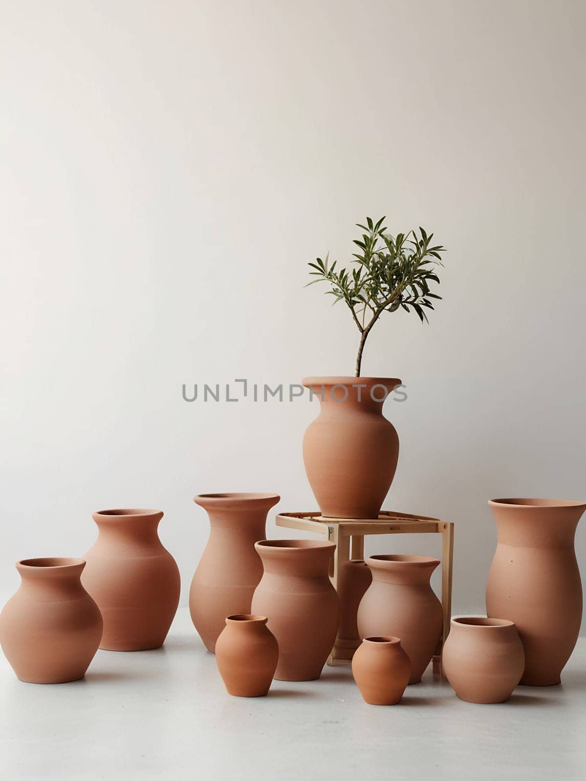 Piles of empty clay pot standing on floor isolated on bright white background. Generative AI.