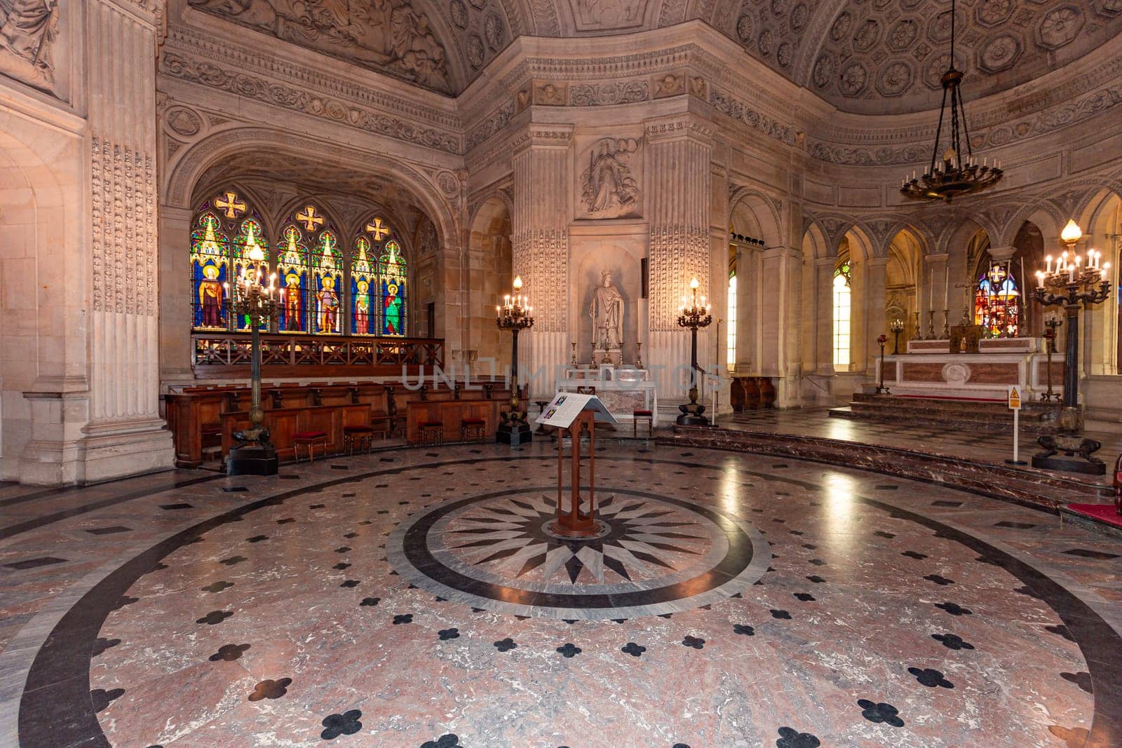 DREUX, FRANCE, MAY 15, 2024 : The Royal Chapel of Dreux, built in 19th century,  is the traditional gothic burial place of members of the House of Orleans. 