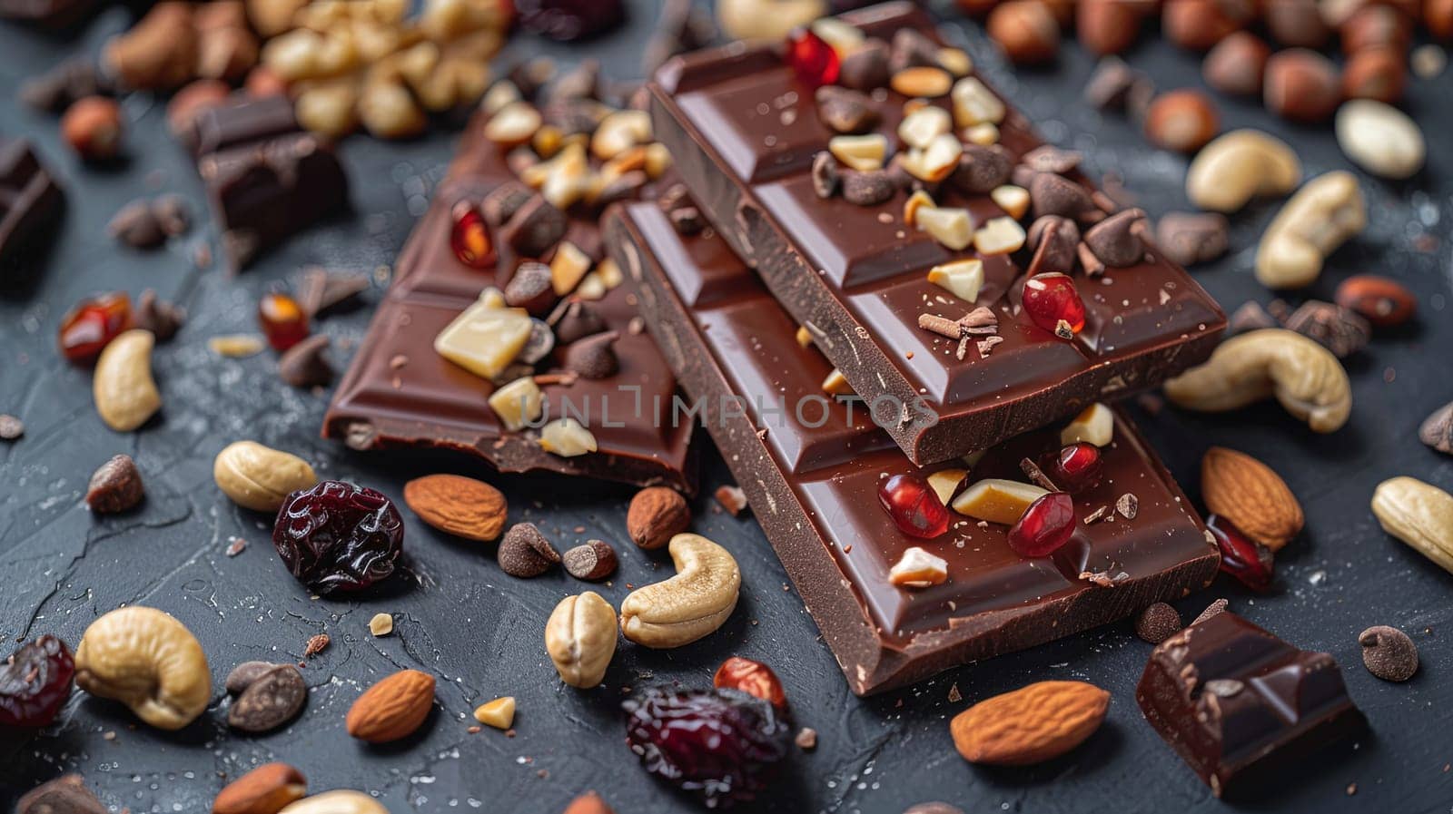 Detailed close up of a chocolate bar studded with nuts and cranberries, showcasing rich textures and natural ingredients.