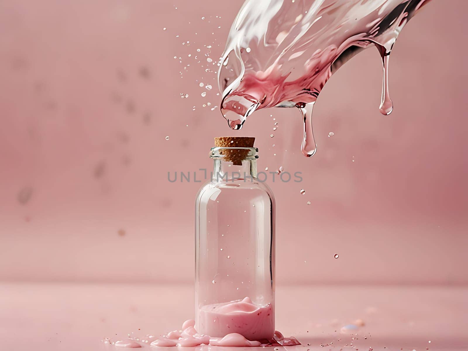 Cosmetic bottle made from transparent glass, splashes with water. Beauty product advertisement concept. Generative AI.