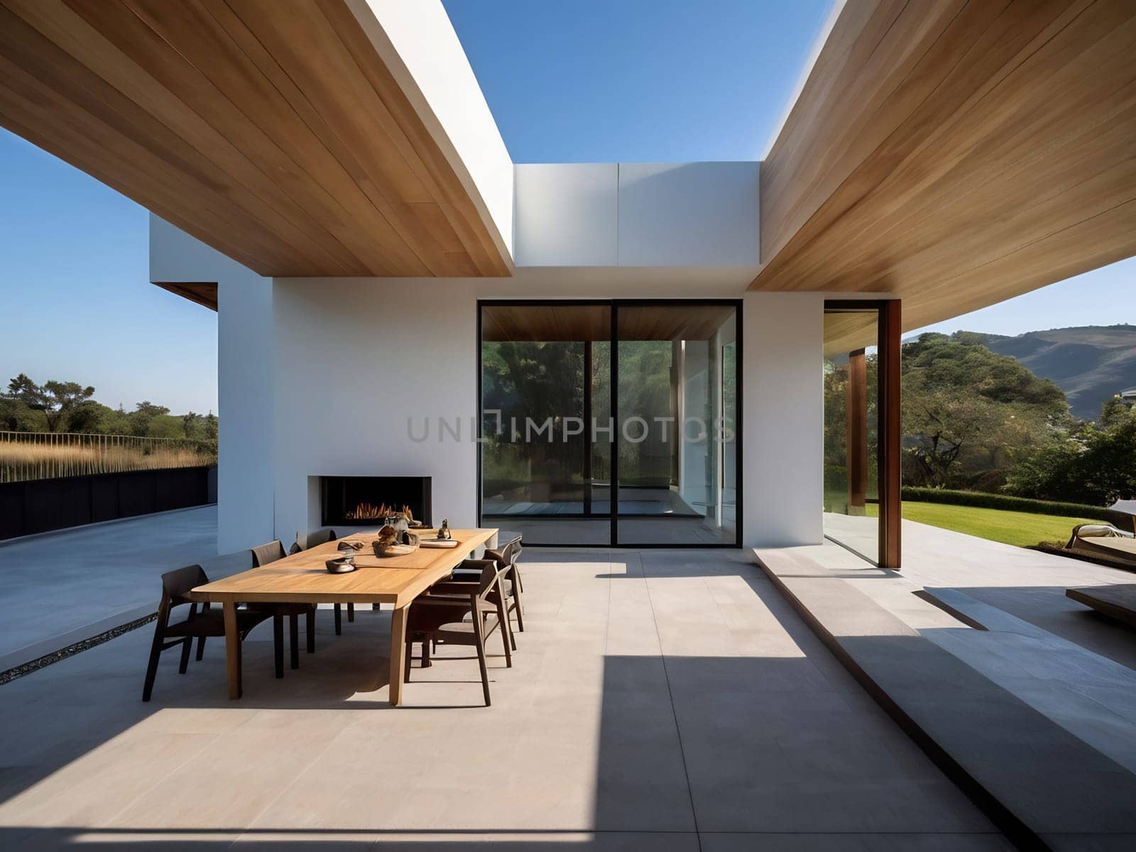 Minimalist modern house with outdoor living space and swimming pool. Contemporary urban living concept. Generative AI.