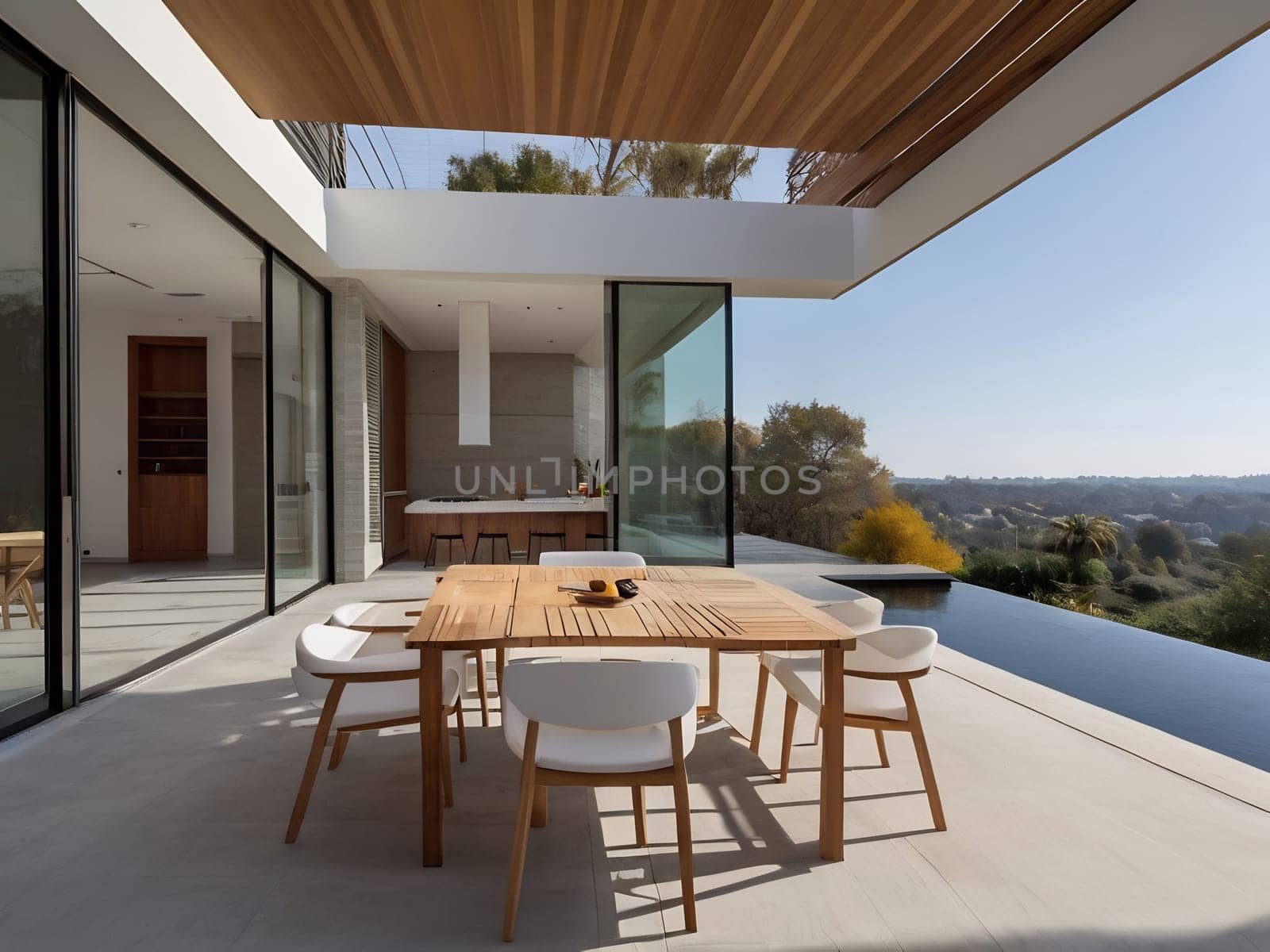 Minimalist modern house with outdoor living space and swimming pool. Contemporary urban living concept. Generative AI.