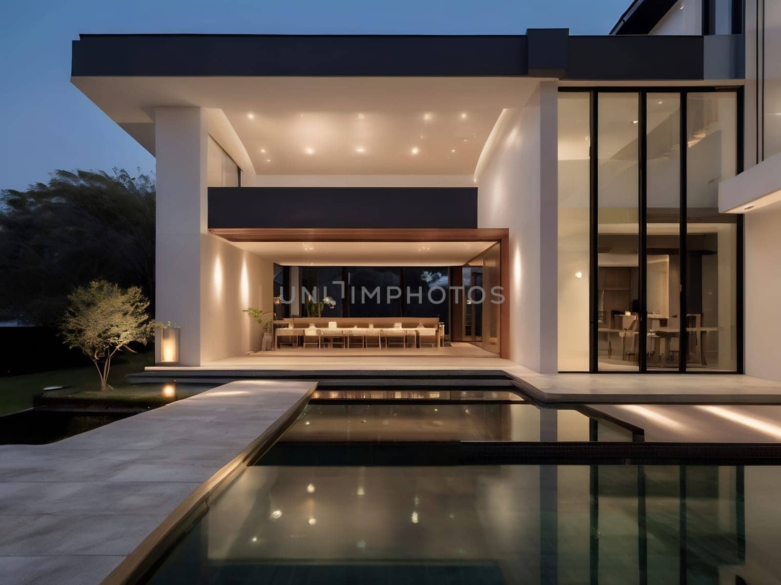 Minimalist modern house with outdoor living space and swimming pool. Contemporary urban living concept. Generative AI.