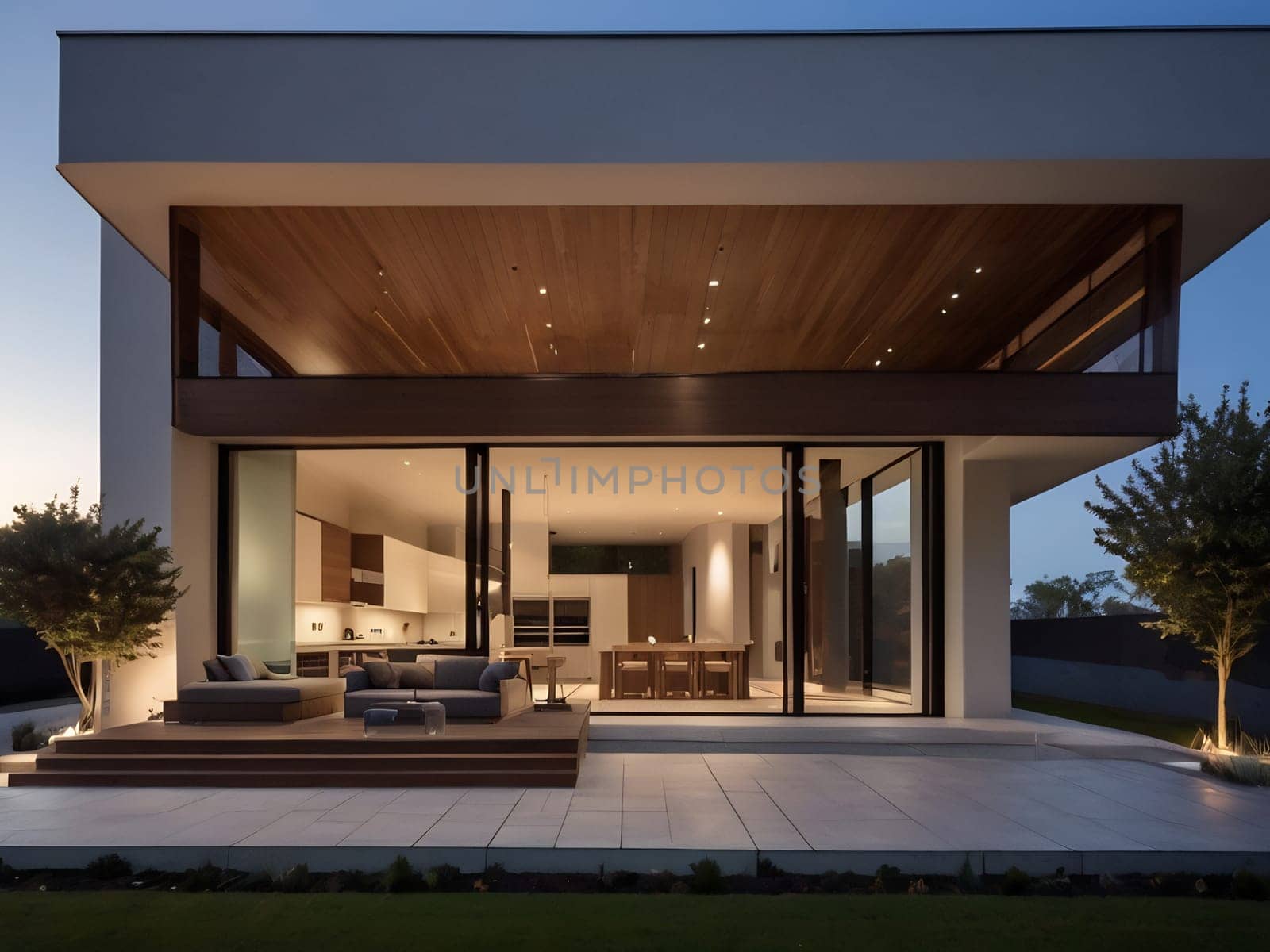 Minimalist modern house with outdoor living space and swimming pool. Contemporary urban living concept. Generative AI.