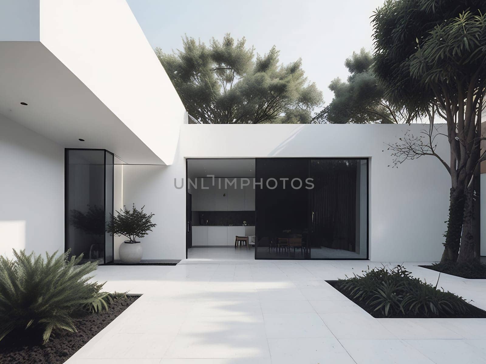 Minimalist modern house with outdoor living space and swimming pool. Contemporary urban living concept. Generative AI.