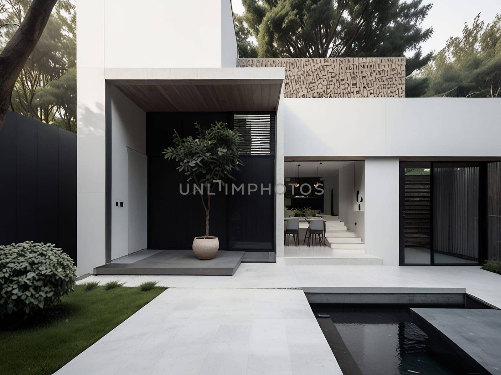 Minimalist modern house with outdoor living space and swimming pool. Contemporary urban living concept. Generative AI.