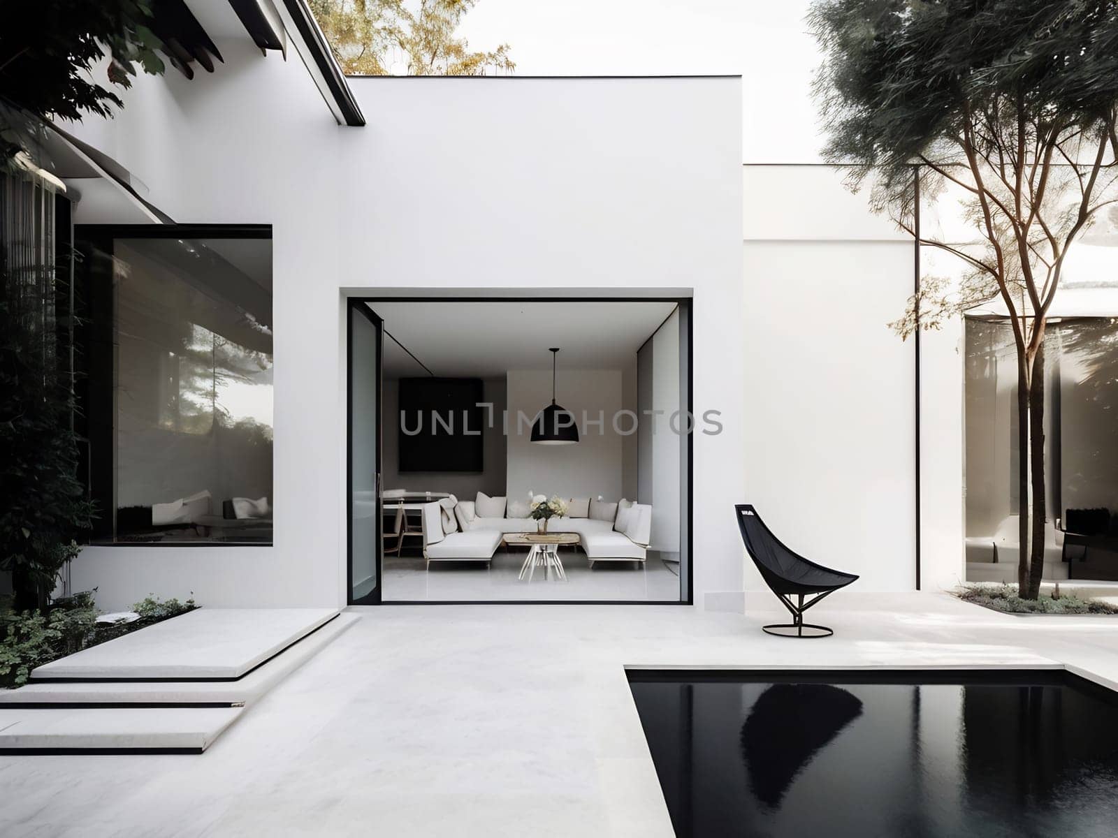 Minimalist modern house with outdoor living space and swimming pool. Contemporary urban living concept. Generative AI.