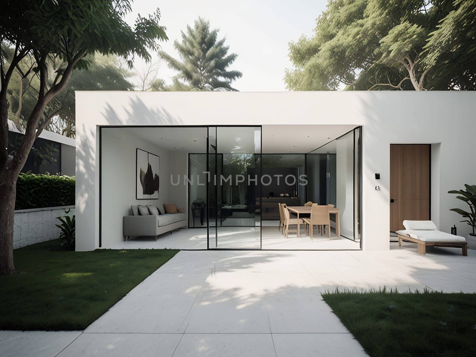 Minimalist modern house with outdoor living space and swimming pool. Contemporary urban living concept. Generative AI.