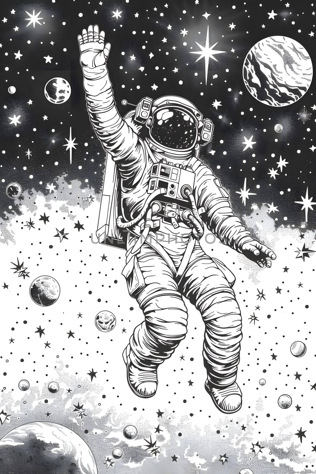 A monochromatic illustration of an astronaut floating in space, surrounded by astronomical objects. The artwork captures the essence of exploration and the beauty of the cosmos