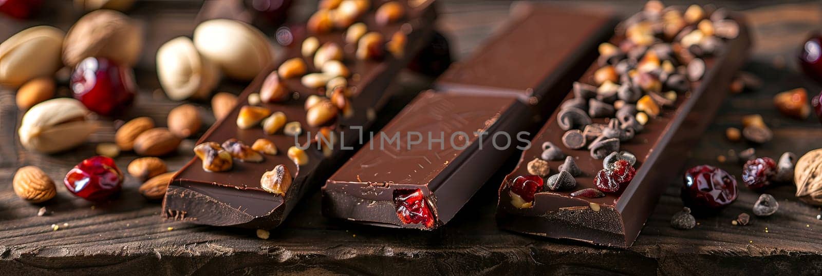 Detailed close-up view of a chocolate bar filled with nuts, showcasing rich textures and natural ingredients.