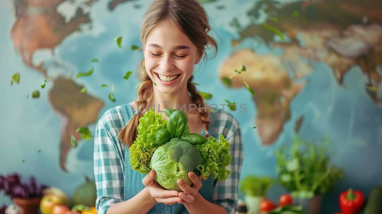 A woman holding a head of lettuce stands in front of a detailed world map. She appears to be examining the lettuce against the backdrop of the map, possibly indicating a connection between global agriculture and nutrition.