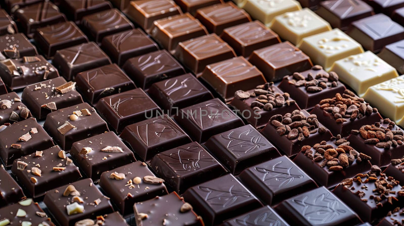 Detailed view of assorted chocolate bars in various flavors and types, neatly arranged with rich colors.