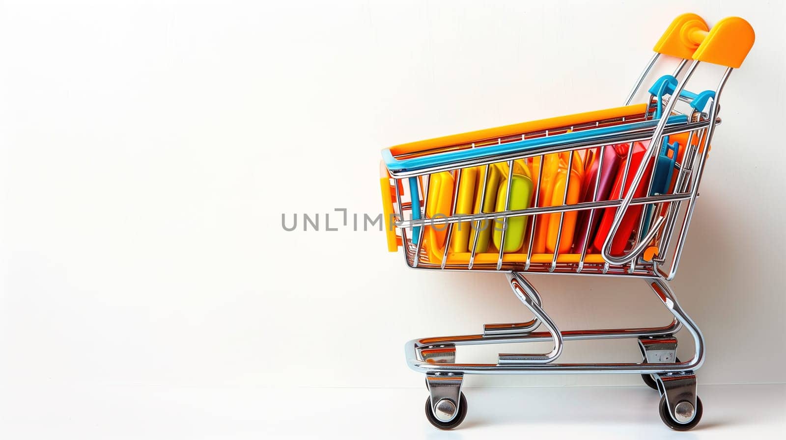 A shopping cart brimming with a variety of vibrant and colorful items, such as clothes, toys, electronics, and household goods. The cart is packed to the brim, showcasing a diverse selection of products.