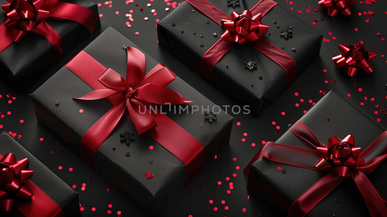 Multiple black and red wrapped presents are clustered together, creating a visually striking display. The gifts are neatly arranged, ready for a special occasion or holiday celebration. The image conveys the concept of gifts, presents, and the excitement of a sale event like Black Friday.