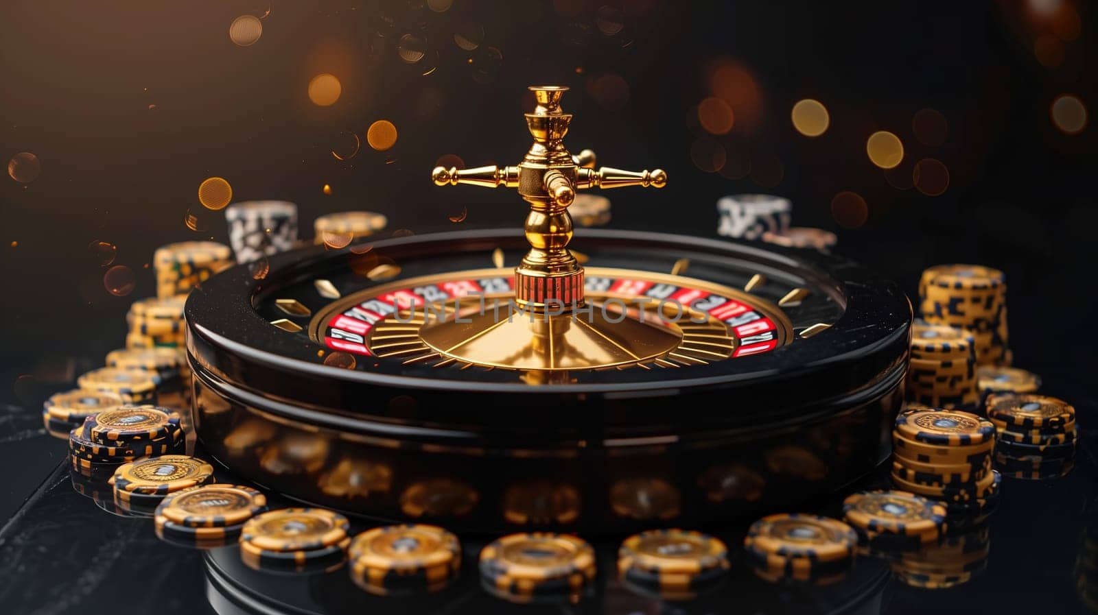 A close-up view captures the luxurious detail of a gleaming casino roulette wheel, amidst a sea of sparkling golden chips that signify wealth and the thrill of gambling. The scene is set against a dark, bokeh-lit backdrop, highlighting the anticipation that fills the atmosphere in a high-stakes gaming setting.