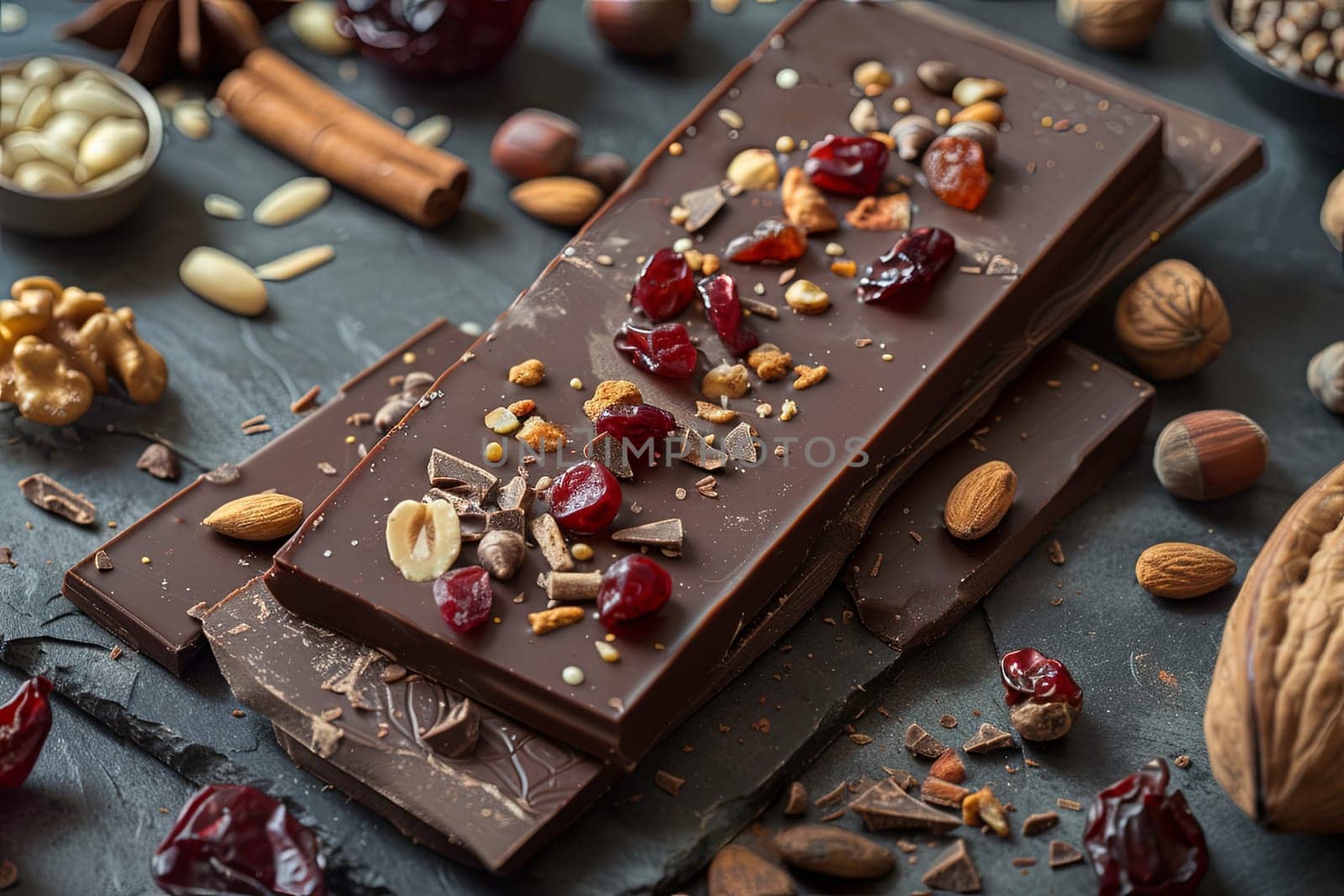 Detailed close up of a chocolate bar loaded with nuts and cranberries, showcasing rich textures and natural ingredients.