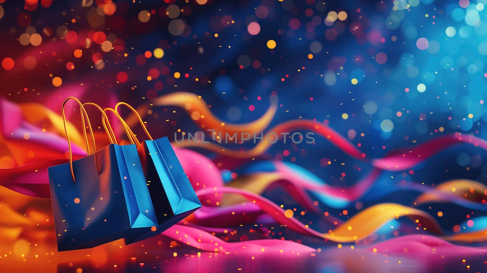 A blue shopping bag is seen mid-air, carried by a current. The bag appears to be in motion, flying gracefully with the wind. The image captures the essence of a sale event or Black Friday shopping.