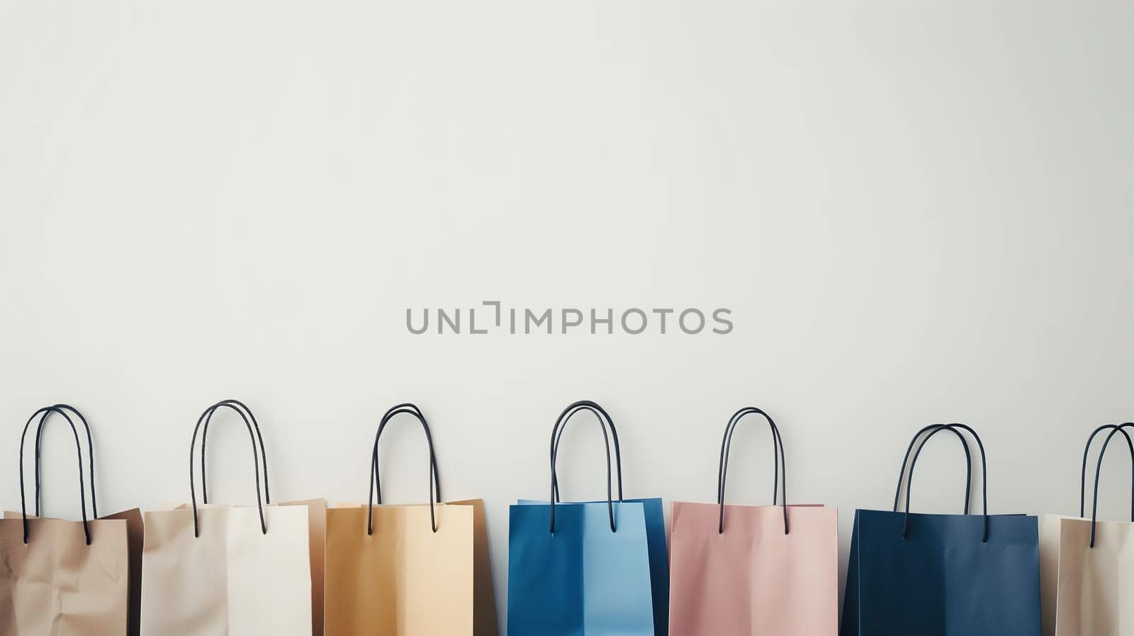 A row of colorful shopping bags, representing a sale concept or Black Friday shopping, lined up neatly against a plain wall in a retail store.