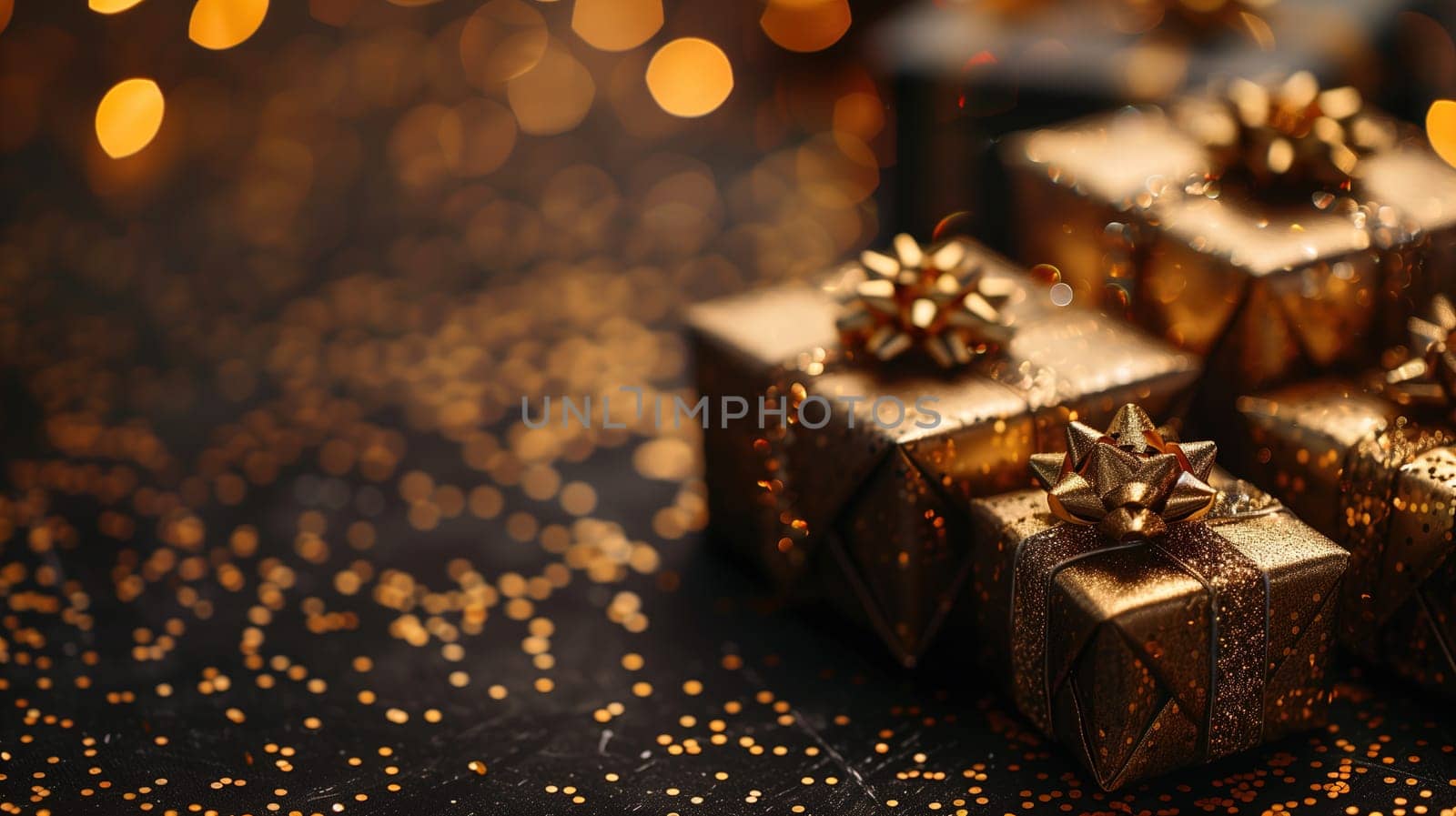 A group of shiny gold presents sitting neatly on top of a table. These gifts are likely part of a sale or Black Friday promotion, awaiting eager shoppers.