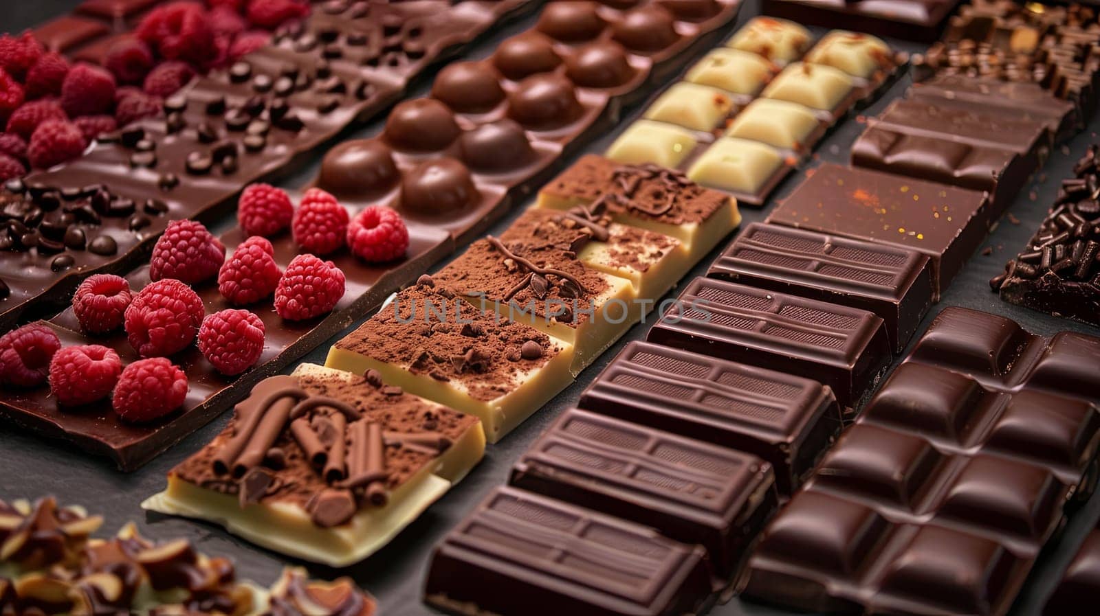 A selection of various chocolate bars accompanied by fresh raspberries on a display.